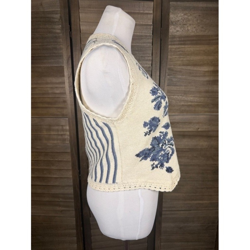 Mixit Womens Medium Floral Striped Knit Sweater Vest Blue Cream Ramie Cotton - Picture 7 of 10
